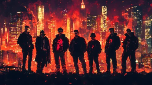 Neon rebels gather before a burning cyberpunk skyline.
