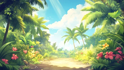Tropical Paradise Landscape With Palm Trees And Flowers.