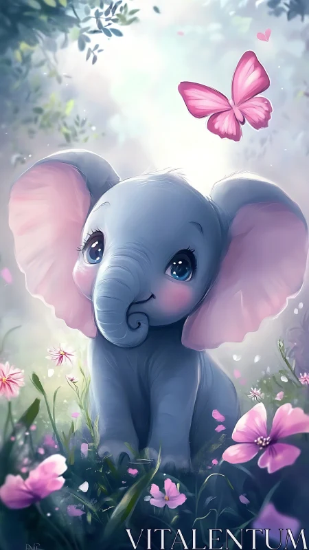 Baby elephant and pink butterfly sharing a gentle moment.