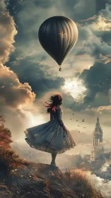 Girl on cliff with hot air balloon over distant cityscape.
