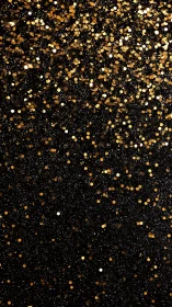 Gold glitter particles scatter across deep black backdrop