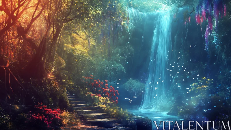 Enchanted forest waterfall with glowing flora and path.