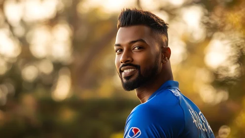 Sunlit sportsman turning back with a confident dusk smile.