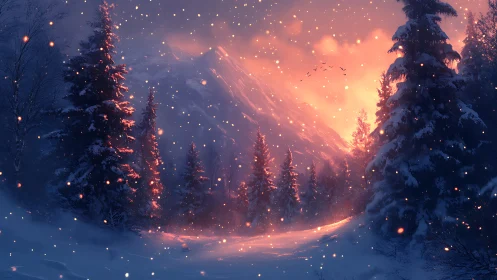 Luminous alpine winter forest under ember lit snowfall glow