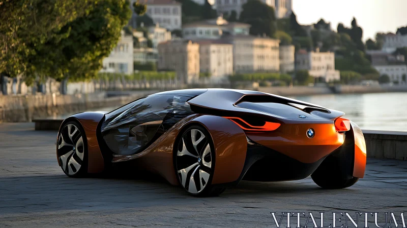 Futuristic orange concept car parked by urban waterfront.