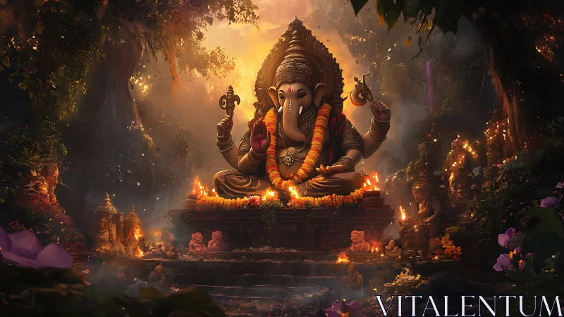 Ganesha statue sits illuminated by candles in forest shrine