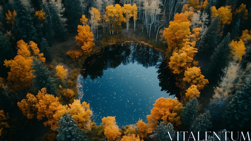Autumn forest pond reflects sky within circular tree ring