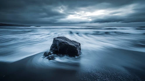 Long exposure seascape with basalt rock and stormy dusk sky