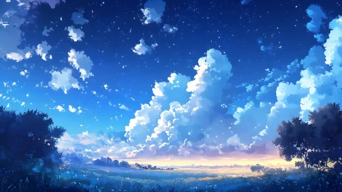 Soft evening clouds drift above a peaceful starry meadow