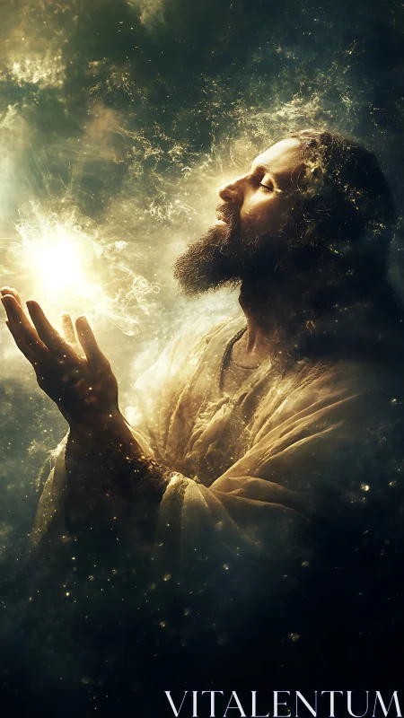 Luminous mystic in swirling stardust prayerful embrace.