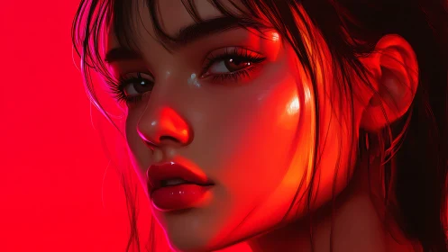 Digital portrait shows stylized female face in red lighting