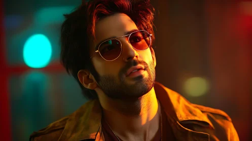 Bearded man in sunglasses watches neon city lights glow