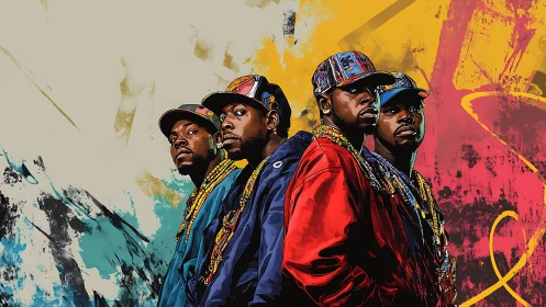 Urban hip hop quartet in bold streetwear against graffiti wall.