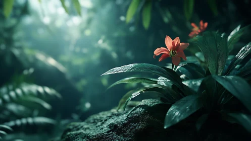 Jungle lilies quietly rehearse sunrise under emerald fog