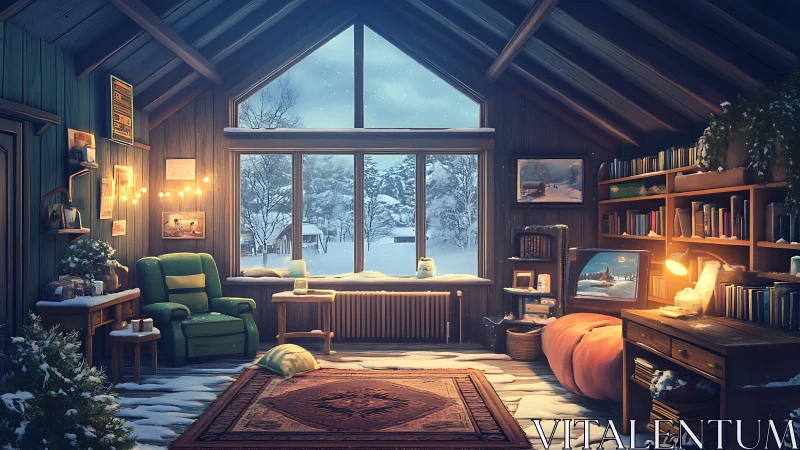 Snowlit attic study with warm reading nook and windowed view.