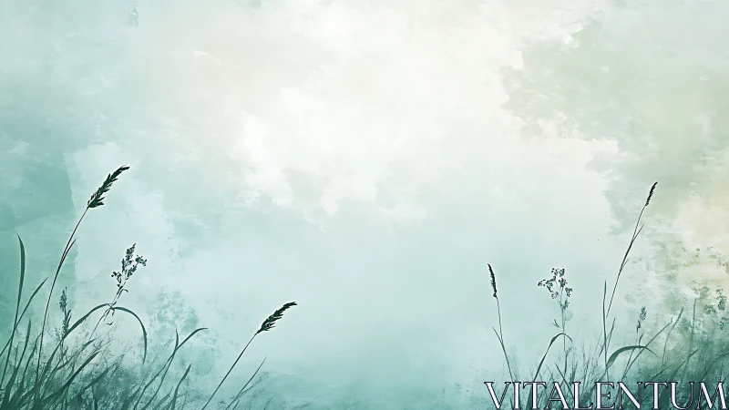 Minimal grass silhouette against misty teal sky backdrop.