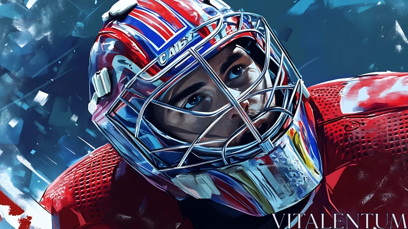 Focused ice hockey goalie gazes upward in bold bright color