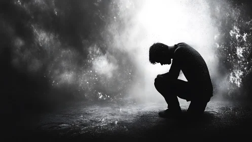 Shadowbound figure bowed in stormlit grayscale silence.