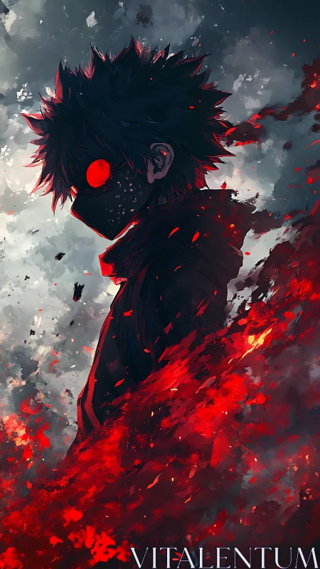 Masked figure stands in profile amid abstract red fragments