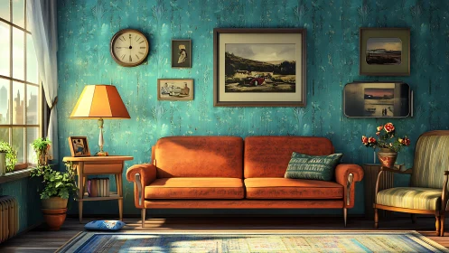 Midcentury living room rendered with warm cinematic lighting