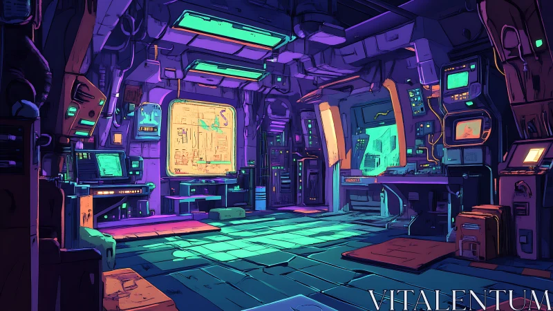 Futuristic control room with illuminated consoles and panels.