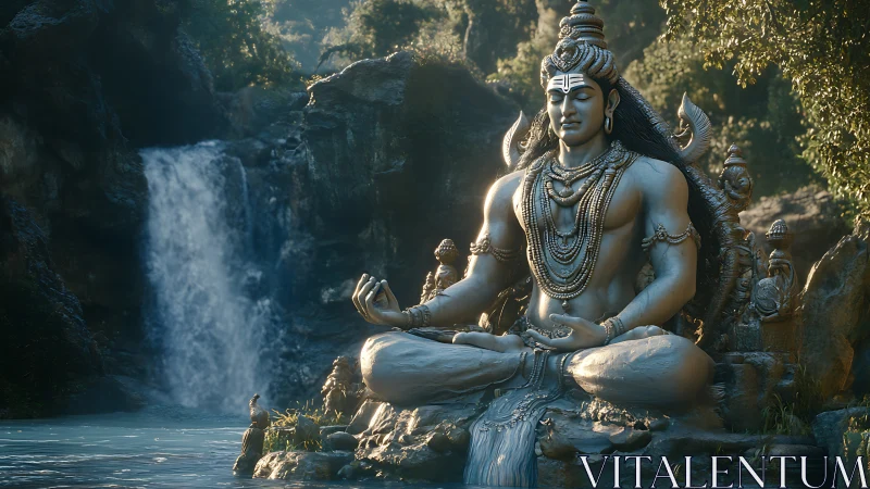 Large seated deity statue depicted beside flowing waterfall