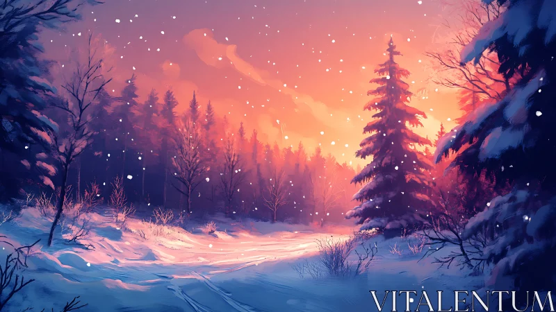 Snowy forest path under warm winter sunset light.