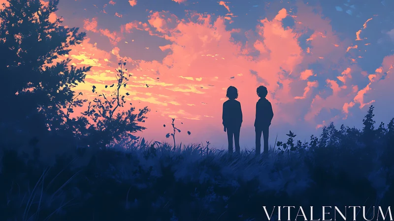 Silhouetted friends watch blazing coral sunset sky