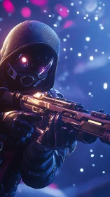 Hooded sci fi soldier aims rifle in glowing neon haze.