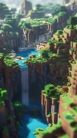 Voxel canyon waterfall with terraced riverine landscape design.