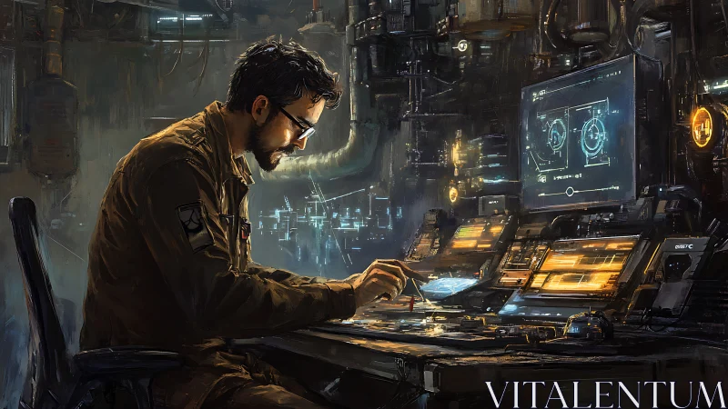 Cyberpunk control station with immersed systems engineer at console.