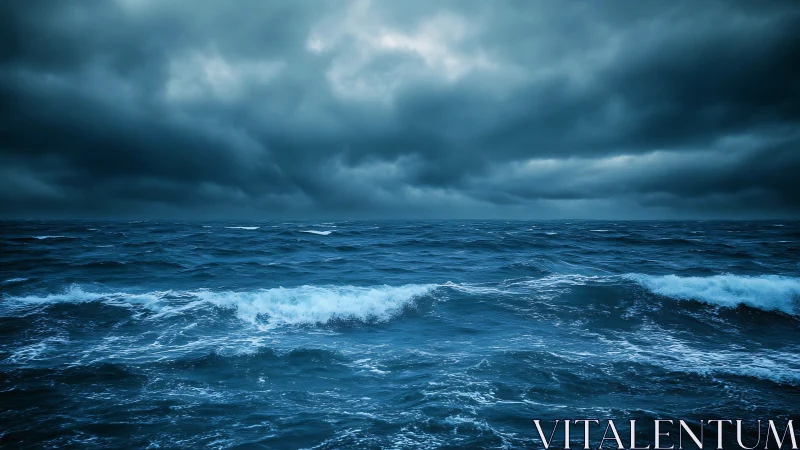 Dark storm clouds over rough blue ocean waves at dusk.