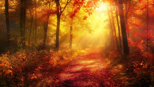 Autumn forest path under strong low-angle sunlight.