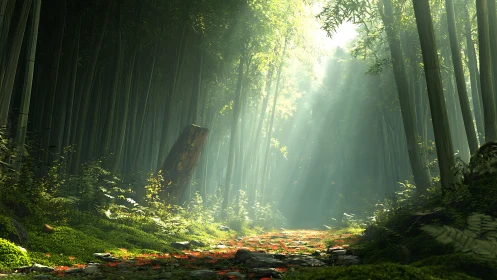Bamboo Forest Cathedral: Ethereal Volumetric Light Penetration Through Dense Canopy.