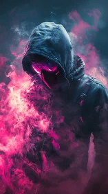Hooded cyber figure emerges through neon magenta smoke