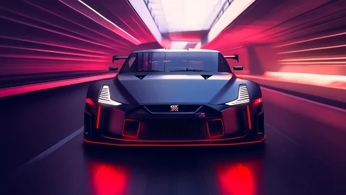 Front view sports car accelerates through neon tunnel