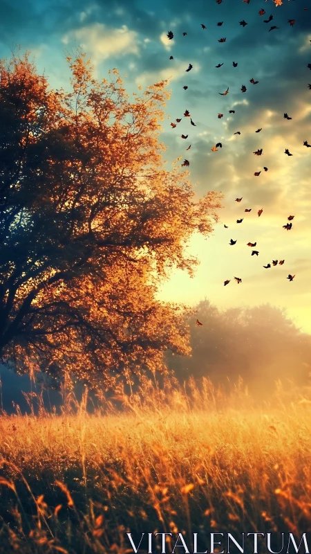 Golden meadow sunrise with autumn tree and birds in flight.