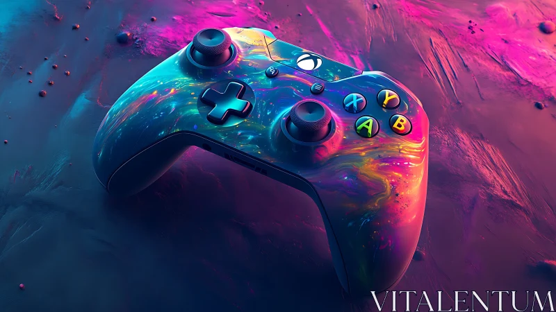 Neon Gaming Controller with Cosmic Liquid Surface.