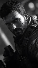 Photorealistic monochrome tactical portrait in tight close-up.