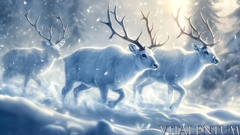 White deer herd moving through snowy winter forest.