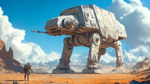 Colossal desert walker meets lone explorer under bright skies