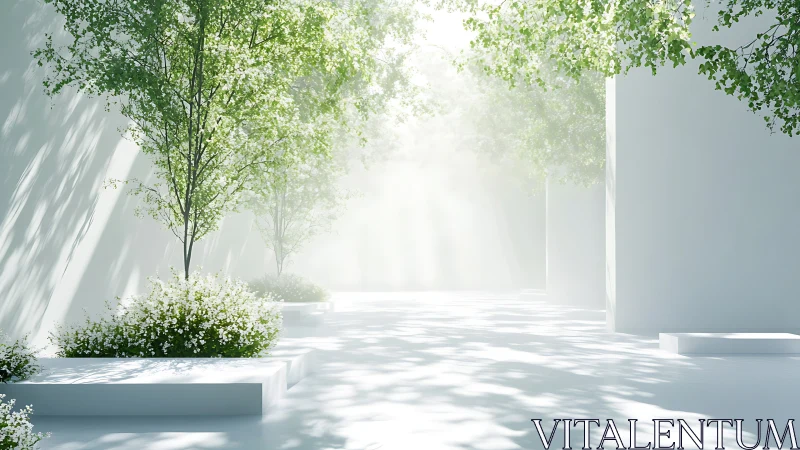 Minimal courtyard grove with ethereal white sunlit haze.