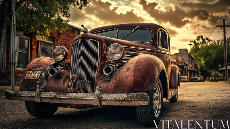 Weathered vintage sedan parked on quiet small town street.