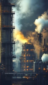 Industrial refinery towers in moody cinematic lighting.