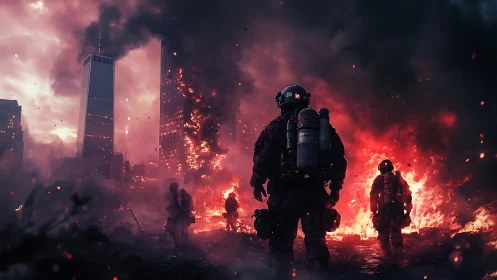 Firefighters confront a burning cityscape under crimson smoke