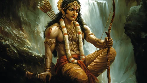 Serene warrior with bow resting by misty forest waterfall.