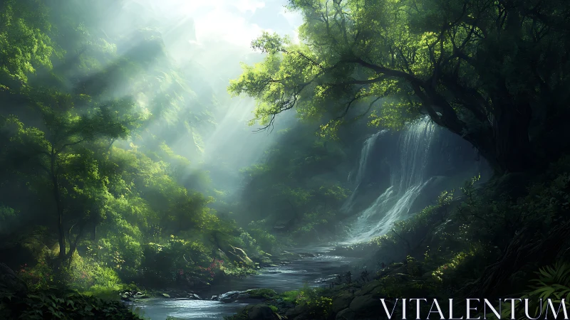 Enchanted Forest Waterfall with Sunrays.