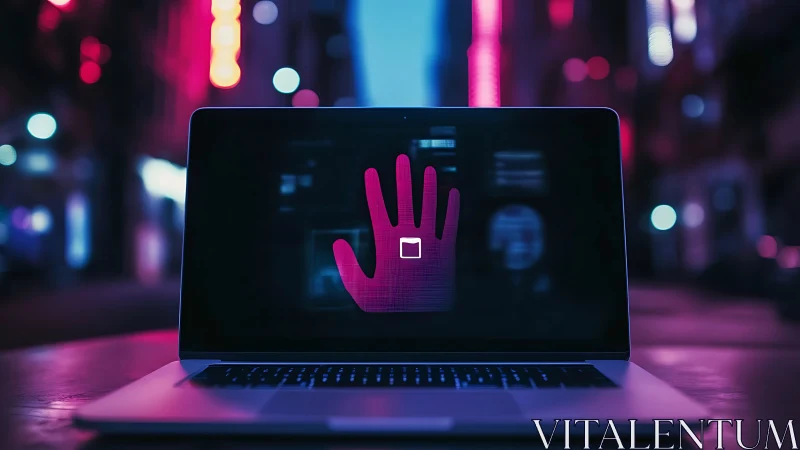 Neon city laptop with glowing digital handprint warning.