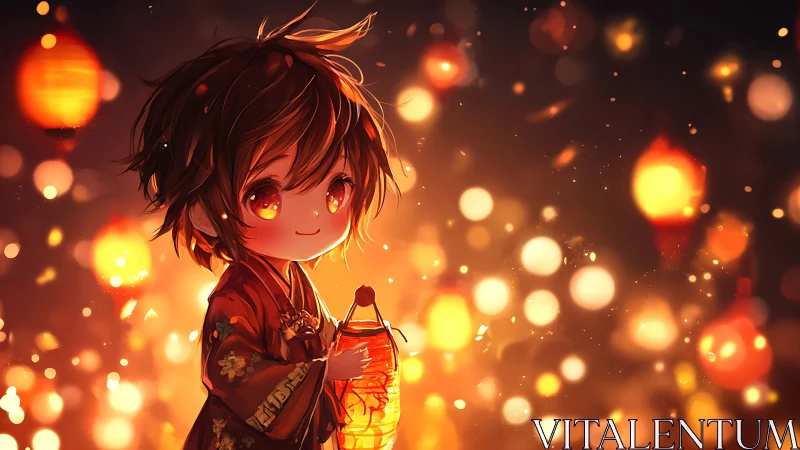 Child figure with lantern amid warm festival lights.