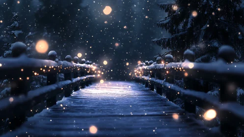 Snowy bridge glows softly under winter lights and falling snow
